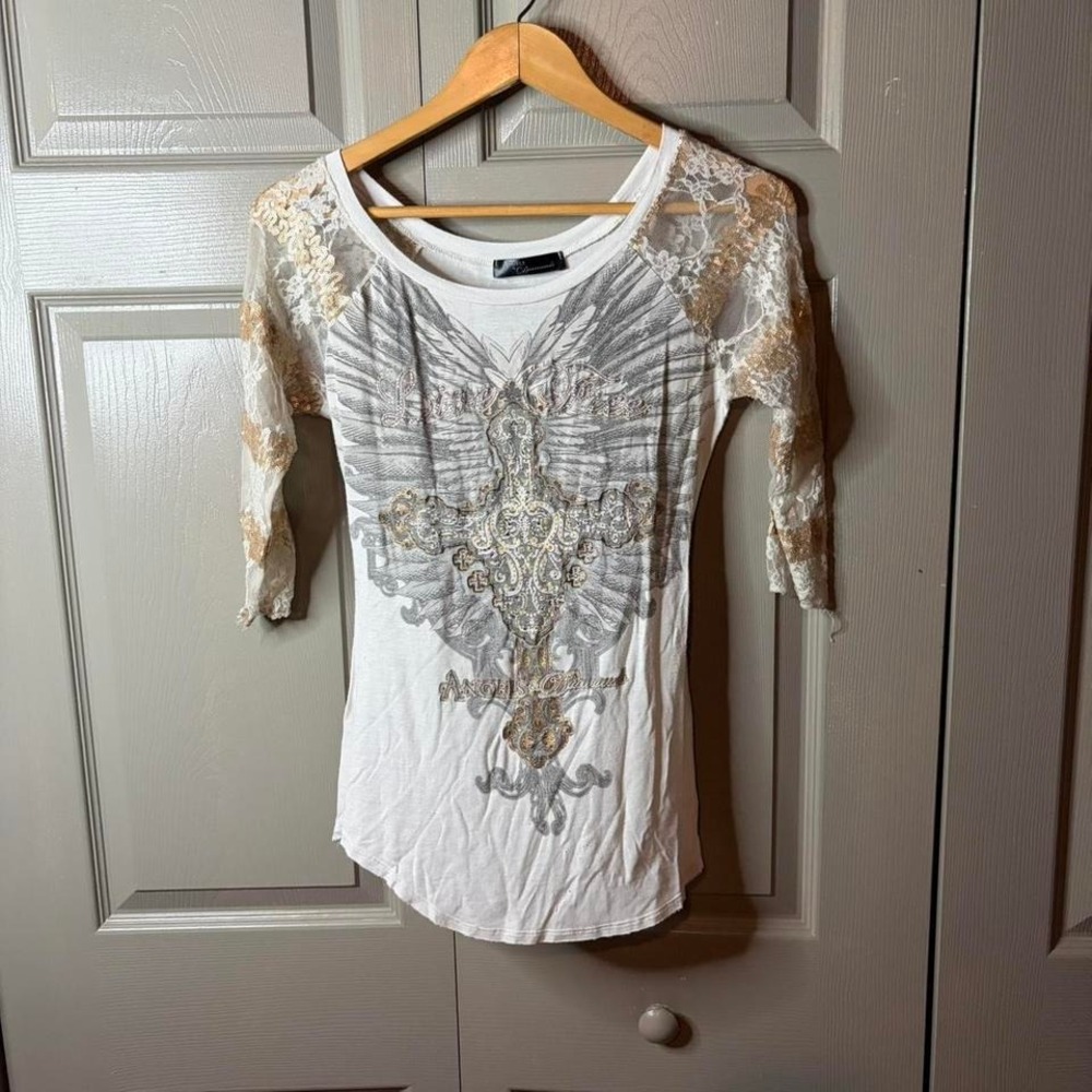 Y2K bedazzle cross long sleeve Size L angels and diamond grunge beaded summer